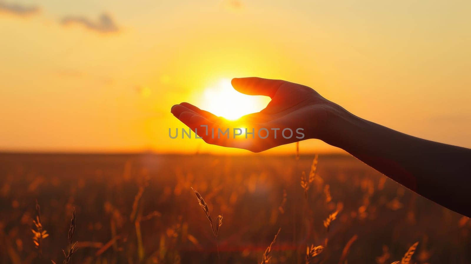 A person holding out their hand in a field with the sun setting, AI by starush