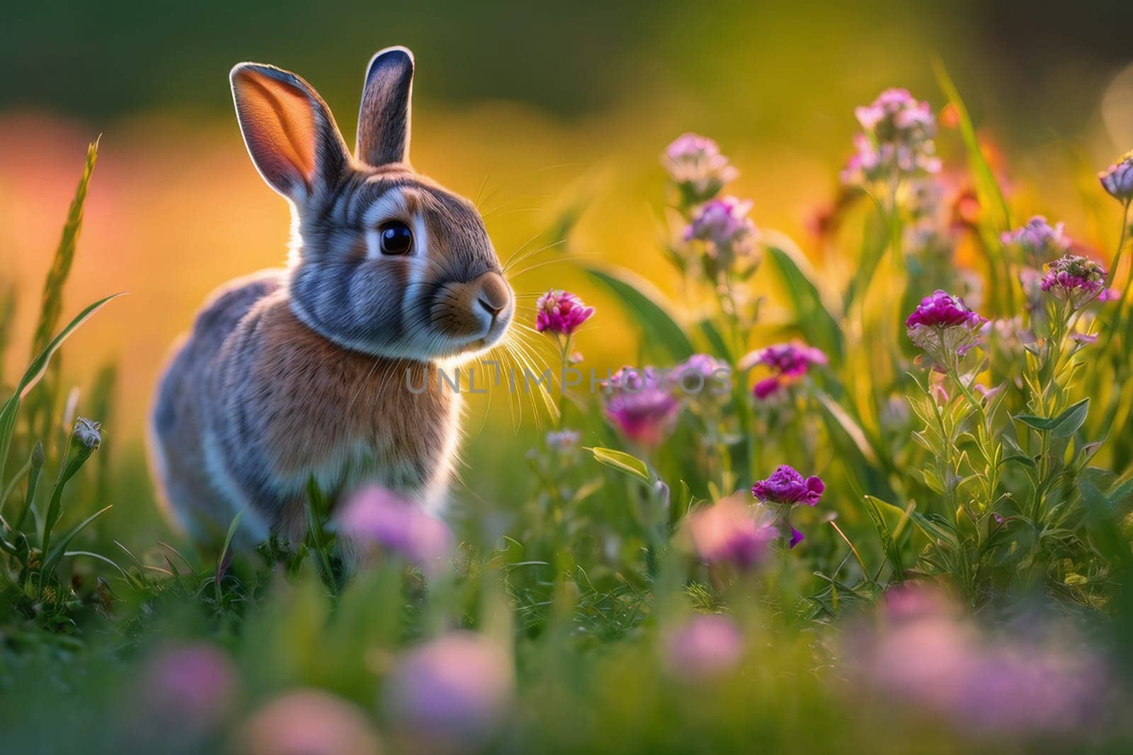 Rabbit on the lawn with flowers at sunset.