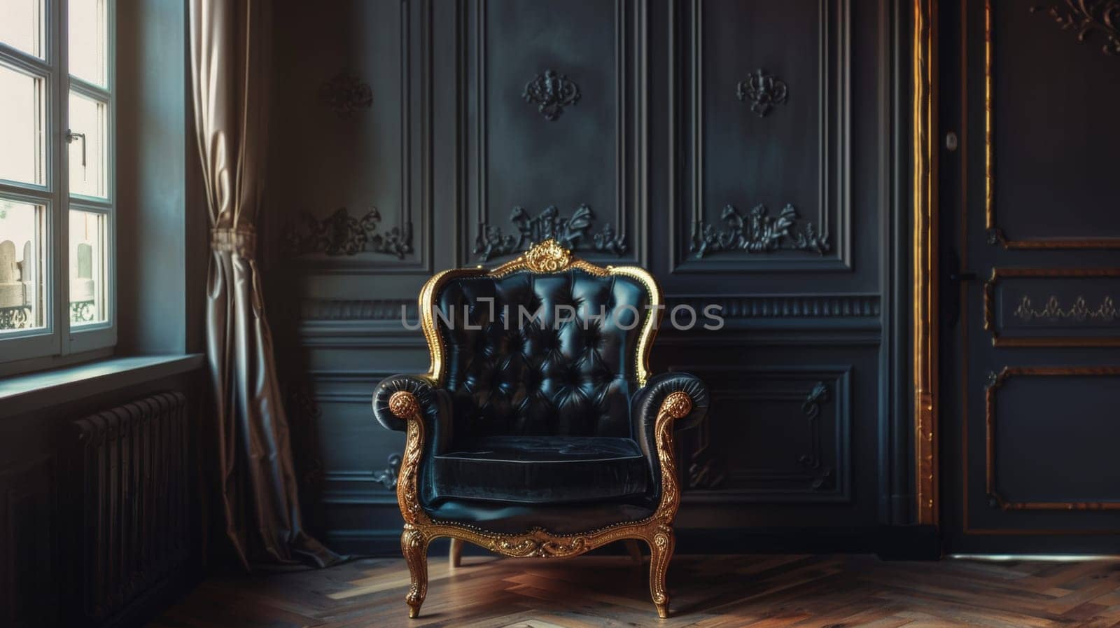 A black chair sitting in front of a window with gold trim