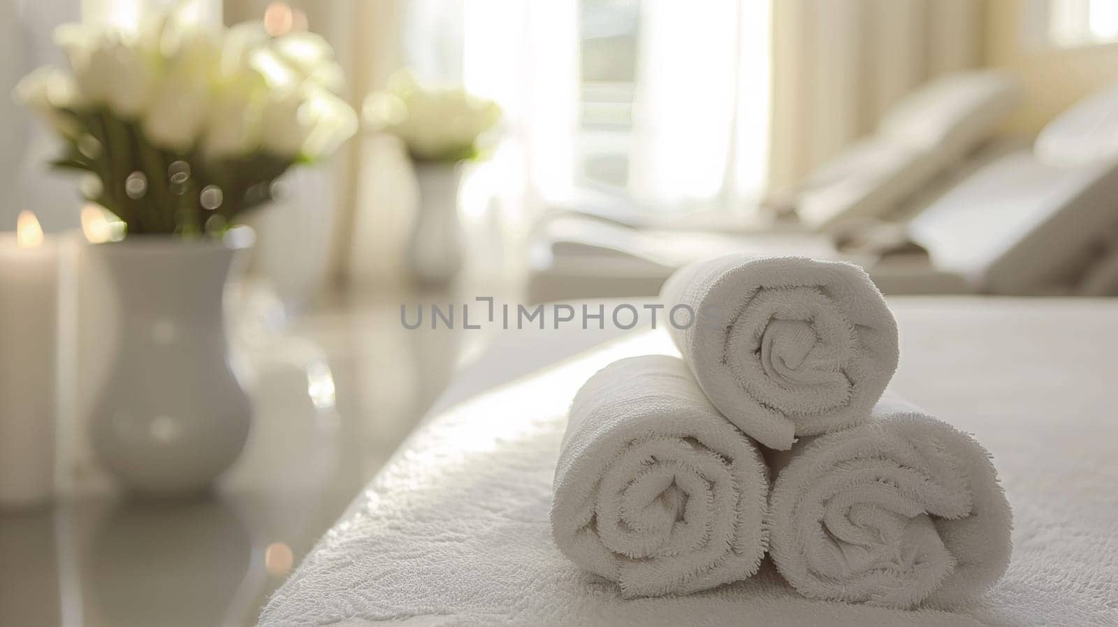 A close up of three folded towels on a bed in front of vases, AI by starush