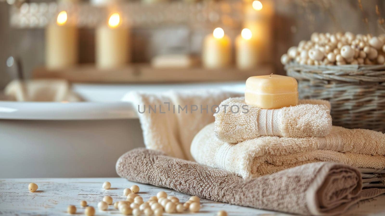 A bunch of towels and candles on a table in front of the tub