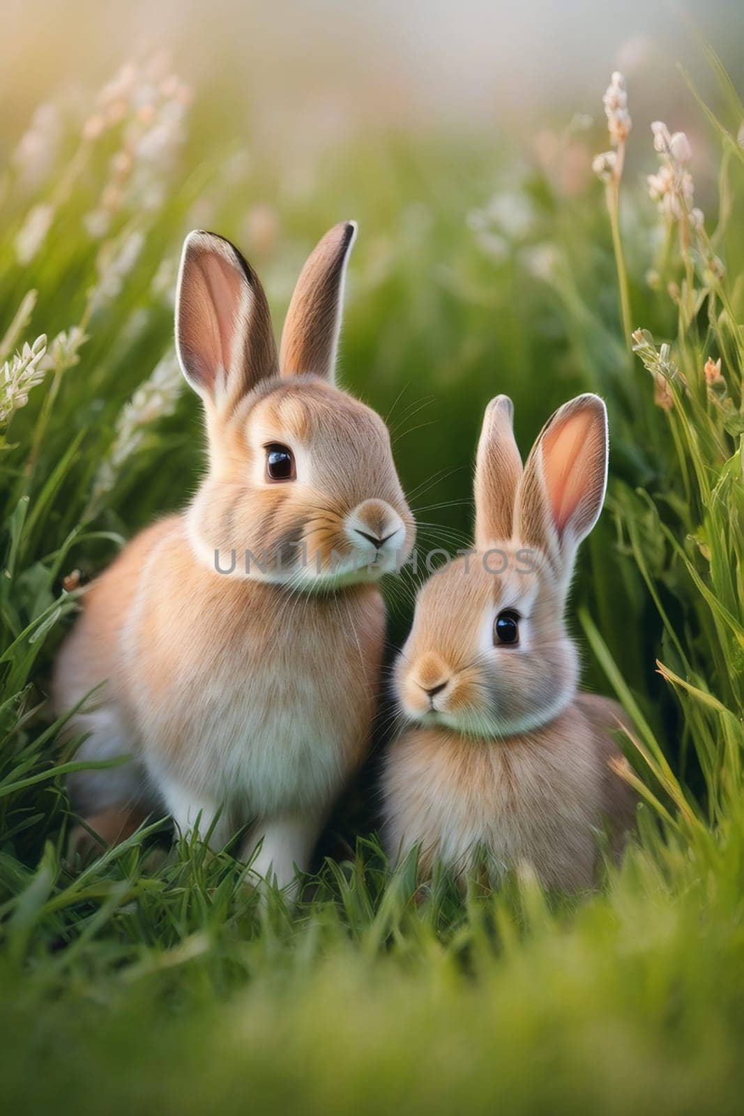 Rabbits. Mother rabbit and baby rabbit on a green meadow. Spring flowers and green grass