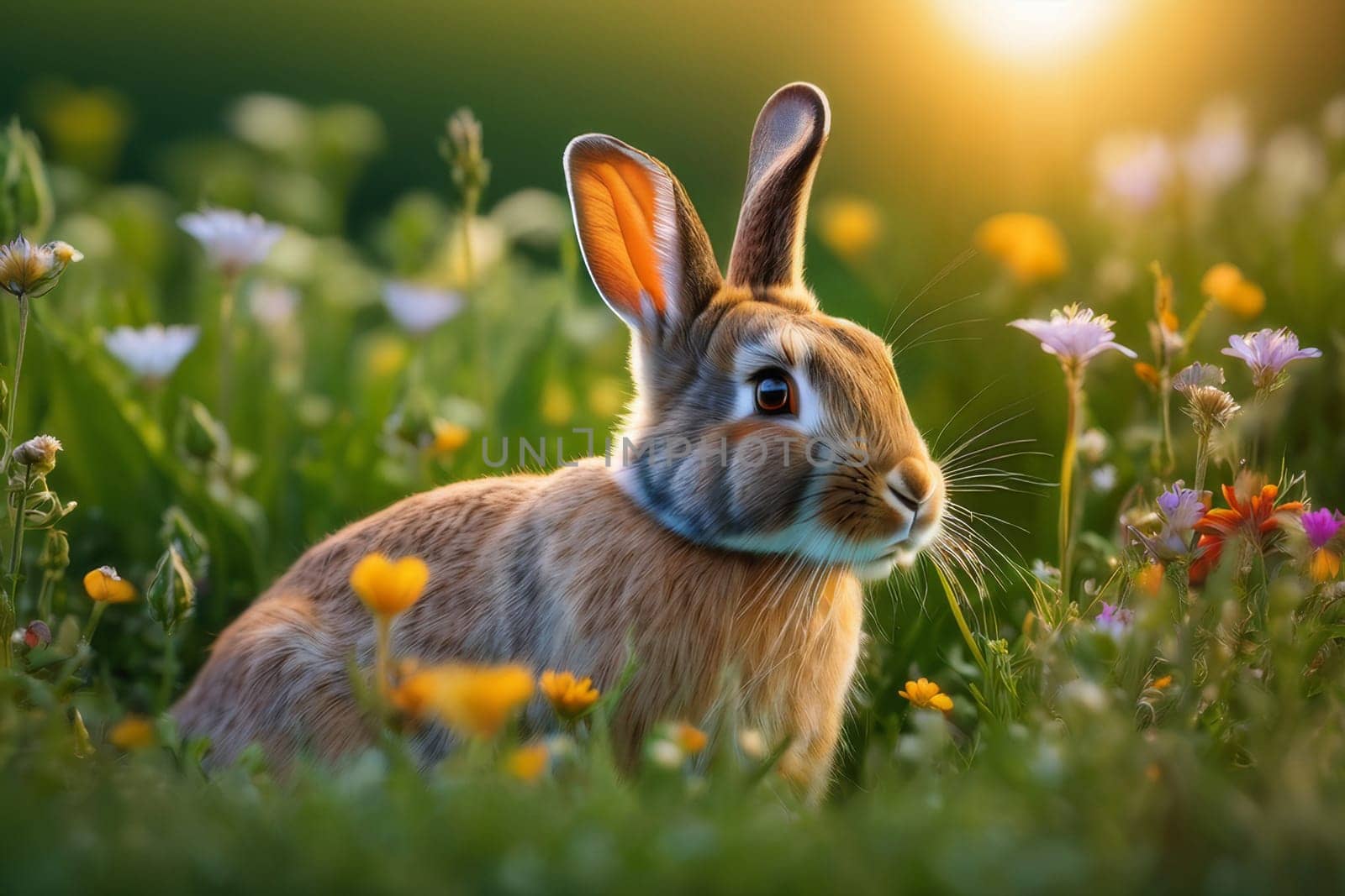 Rabbit on the lawn with flowers at sunset.