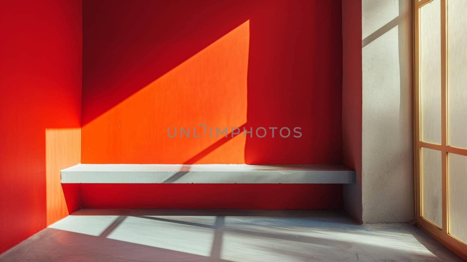 A red wall with a white bench in front of it, AI by starush