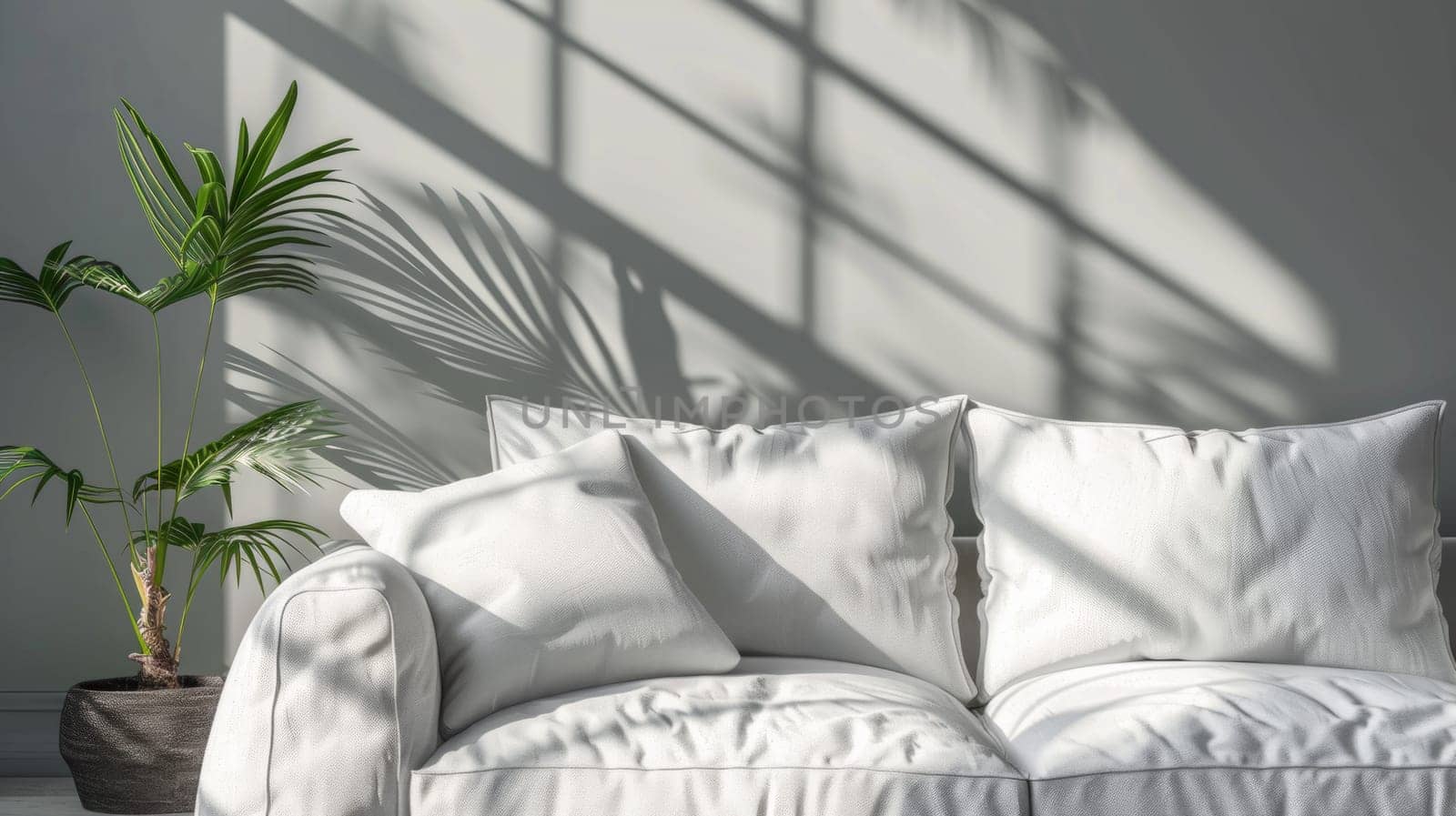 A white couch with a potted plant in front of it, AI by starush