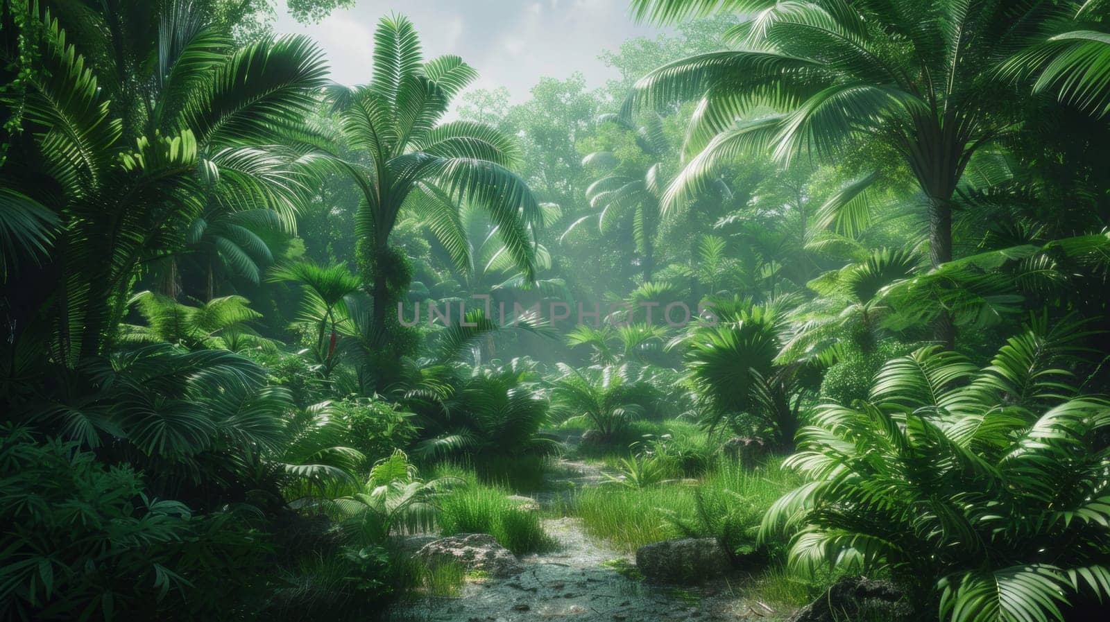 A stream of water flowing through a lush jungle filled with trees, AI by starush