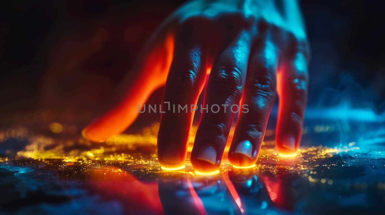 A person's hand is glowing with a blue light on it, AI by starush