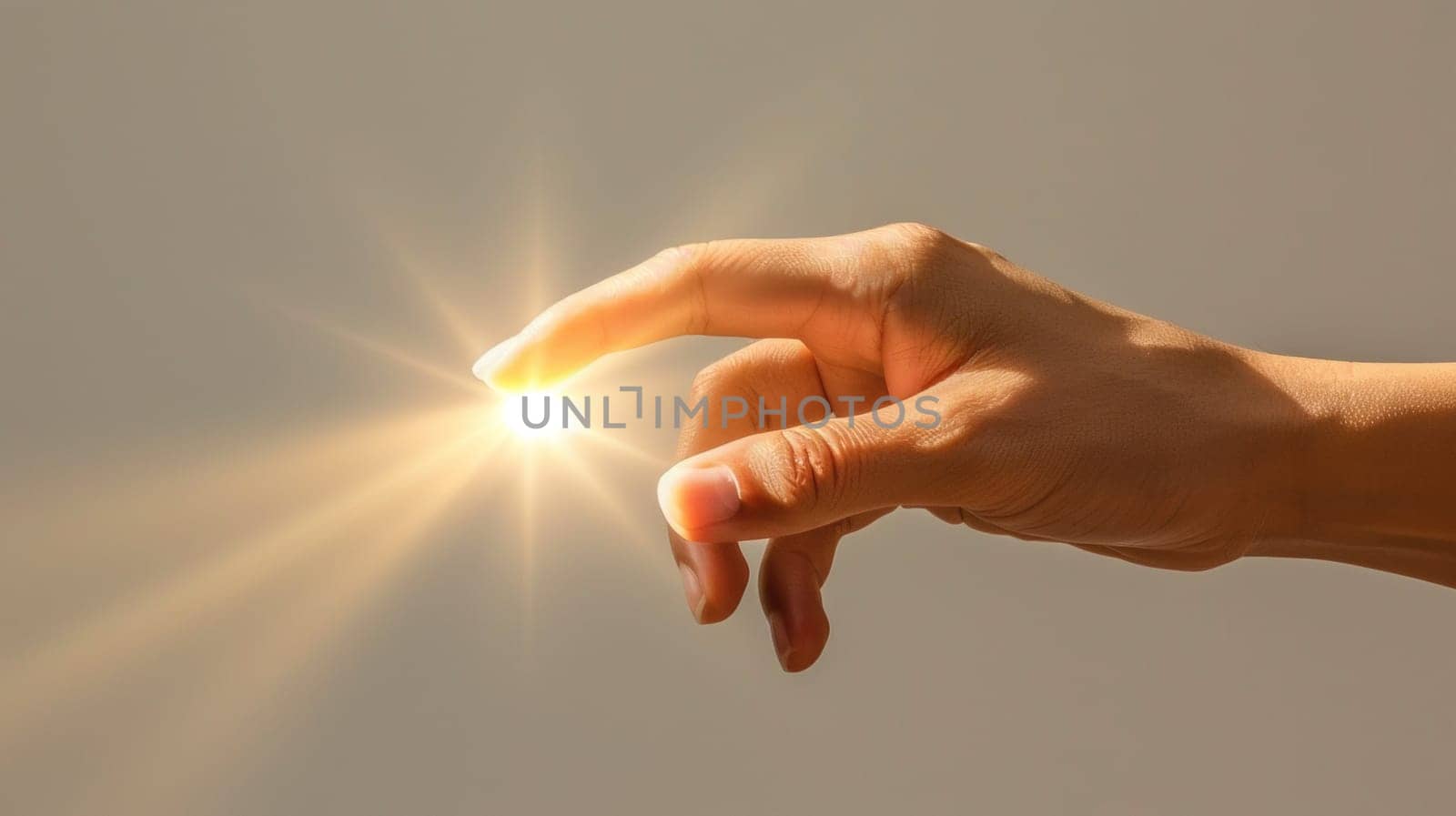 A hand reaching out to touch a bright light source, AI by starush