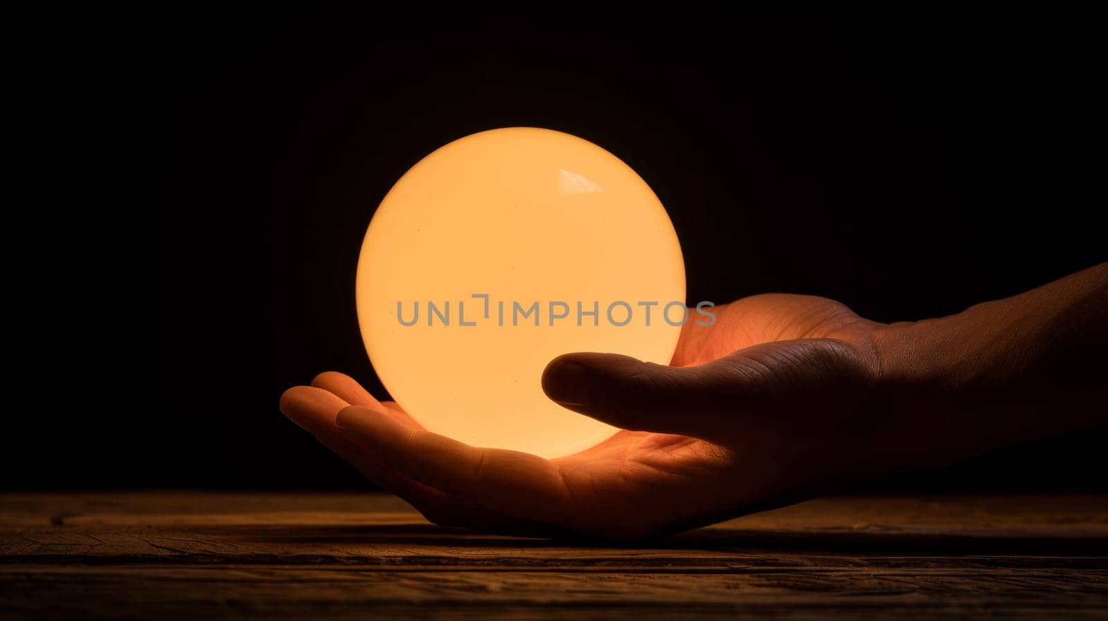 A person holding a glowing egg in their hand on top of wood, AI by starush