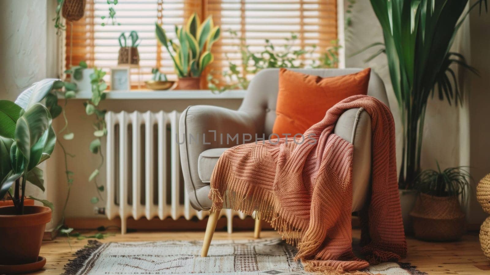 A chair with a blanket on it sitting in front of some plants, AI by starush