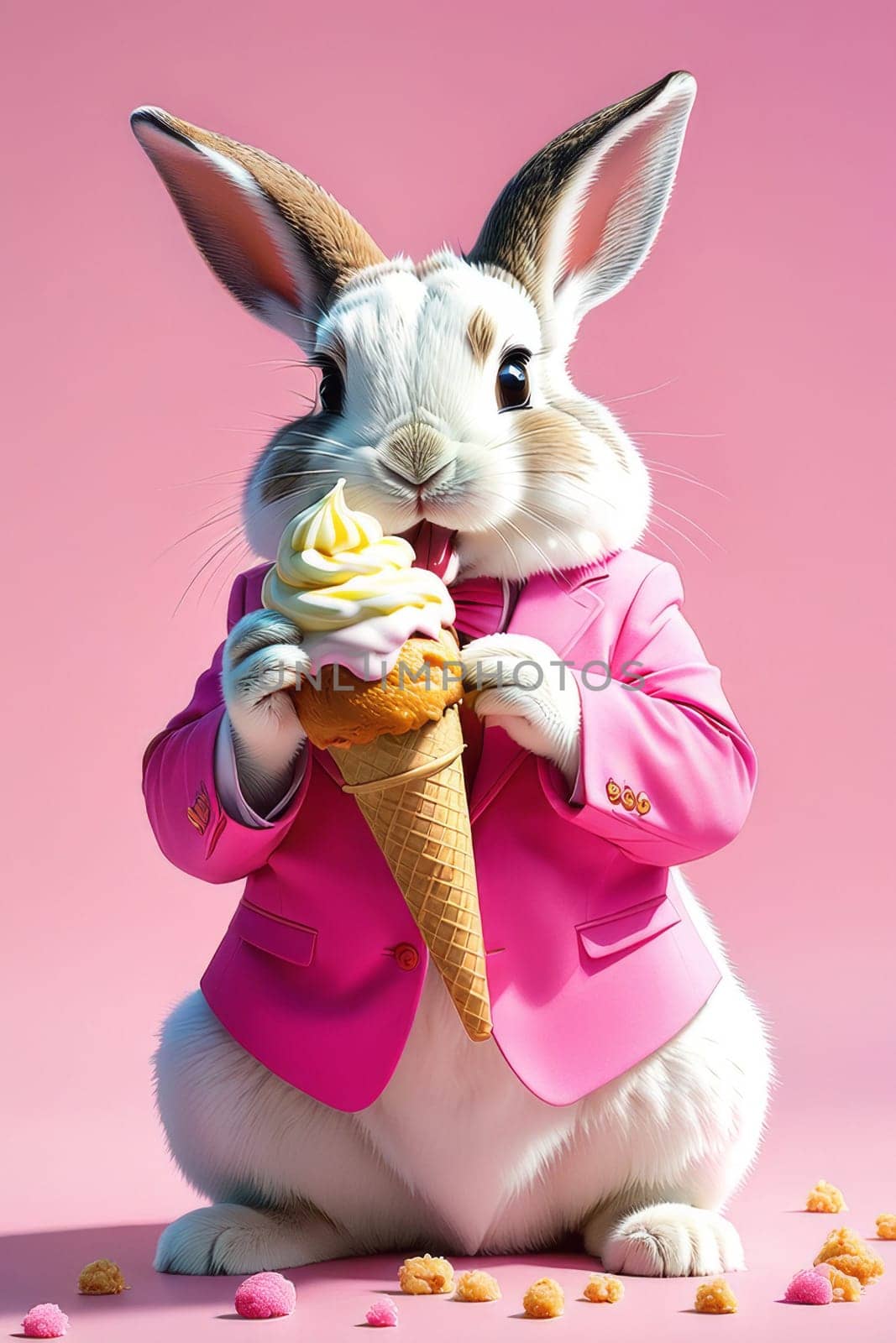 Glamorous bunny in a pink suit with ice cream. Summer card with bunny. by Ekaterina34