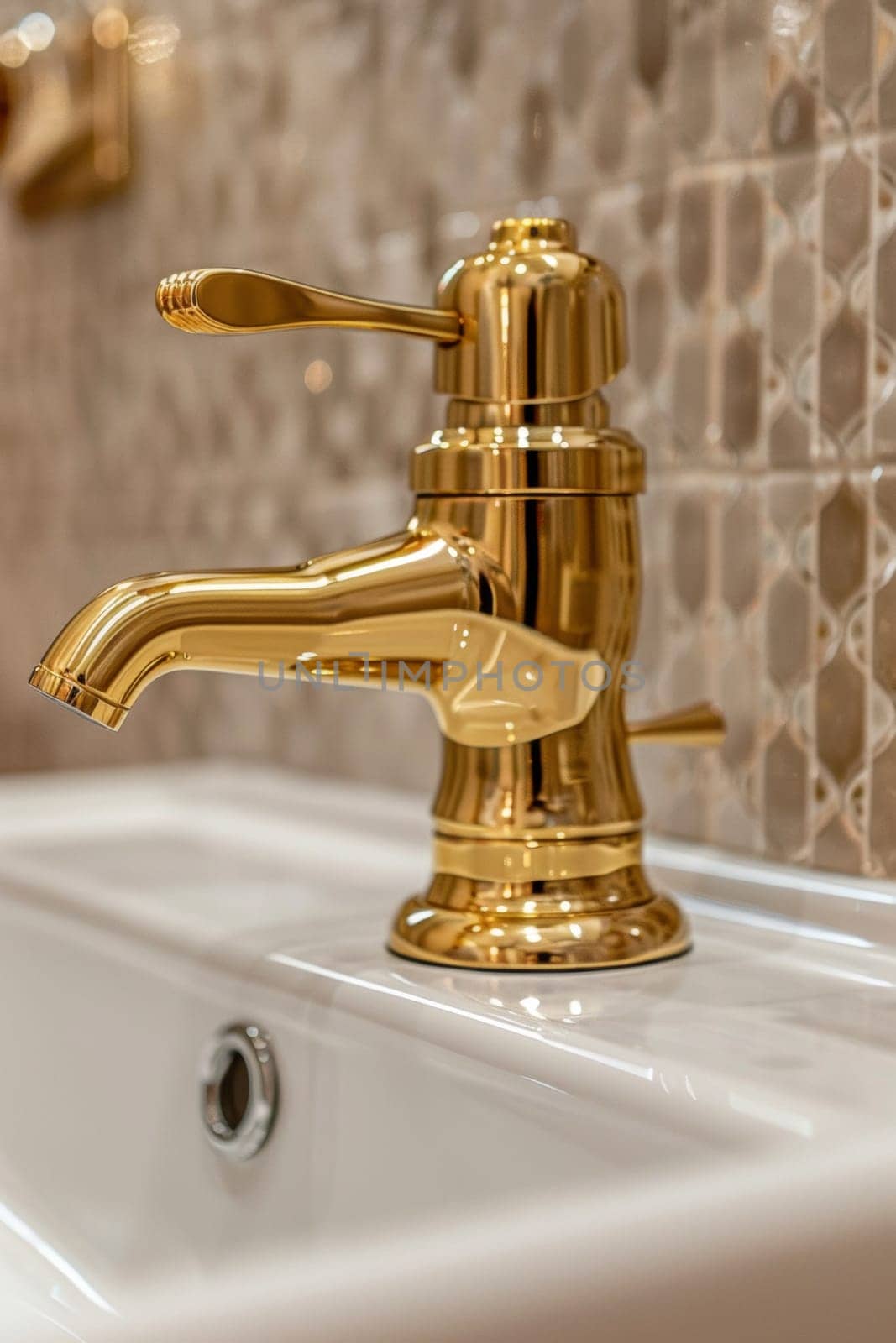 A close up of a gold faucet on the sink in front