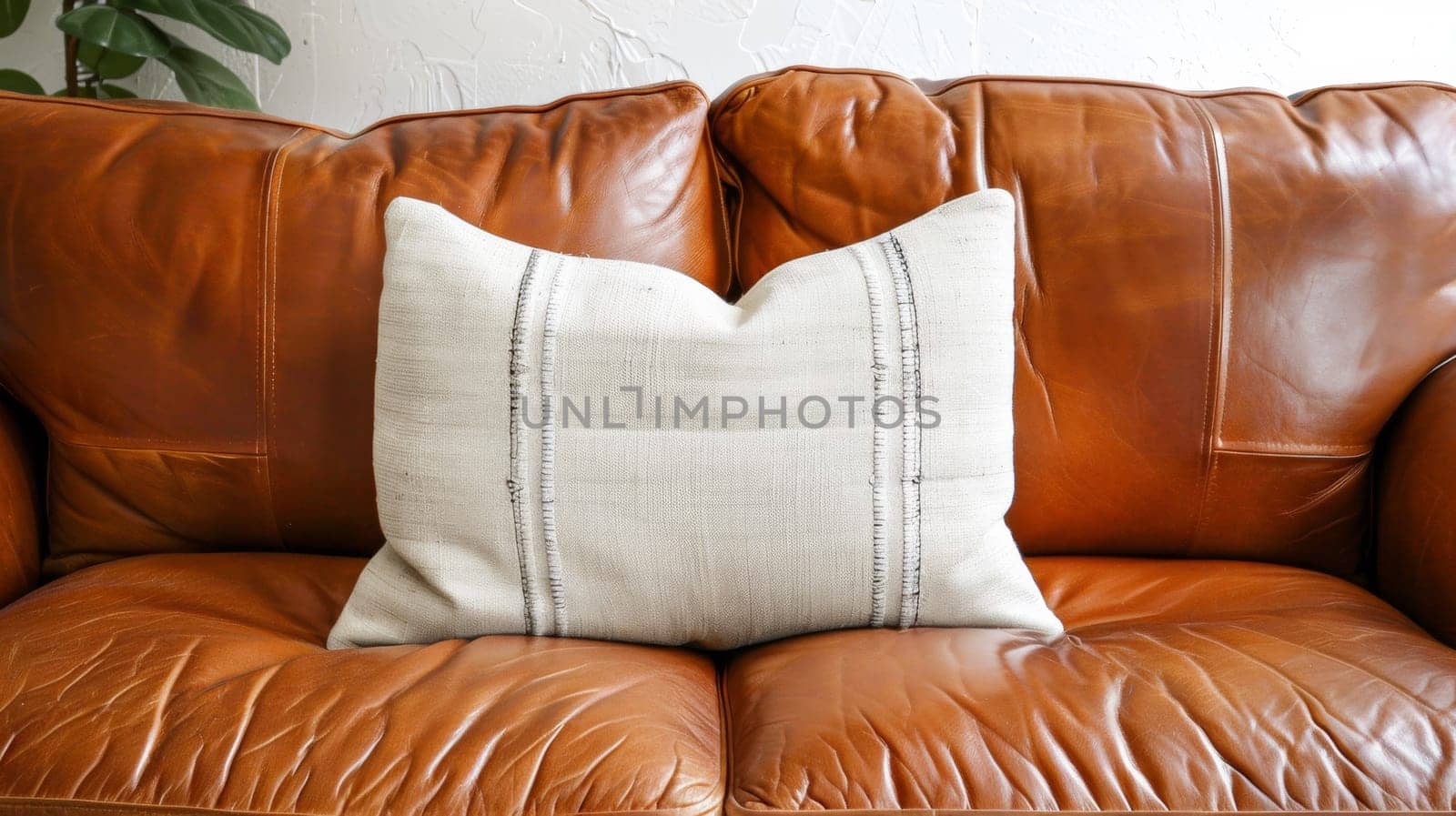A close up of a brown leather couch with white pillows, AI by starush