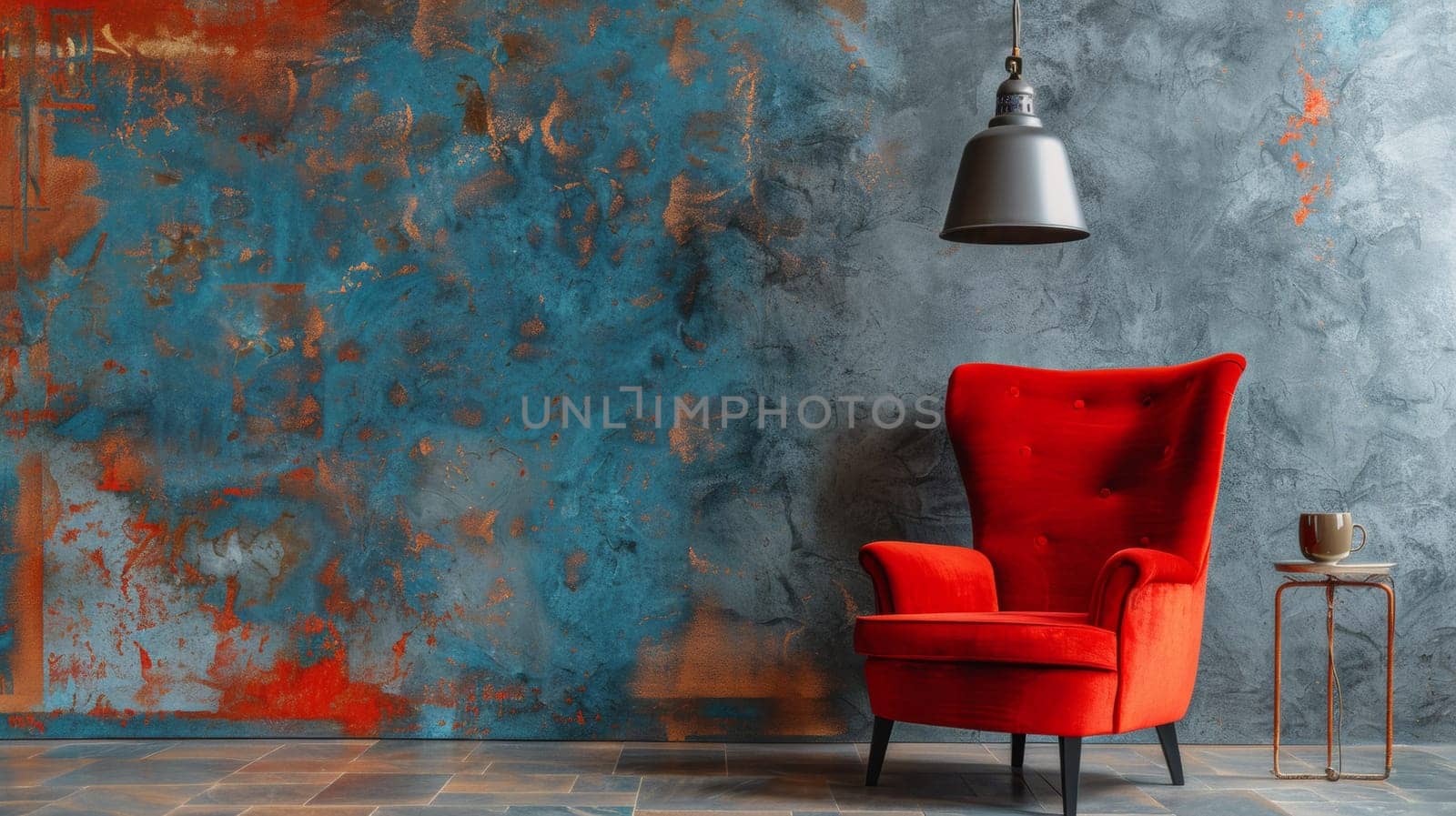 A red chair sitting in front of a wall with blue paint, AI by starush