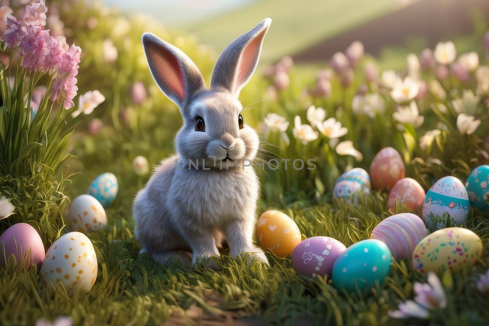 Little rabbit in a green spring lawn with decorated eggs - Easter card.