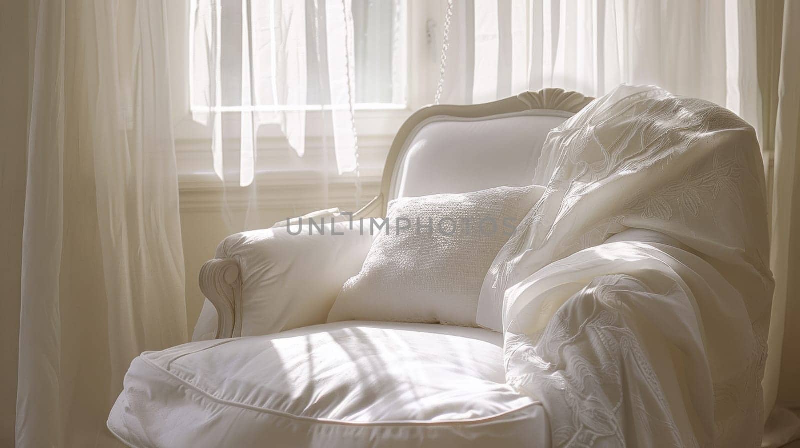 A white chair with a blanket draped over it in front of the window, AI by starush