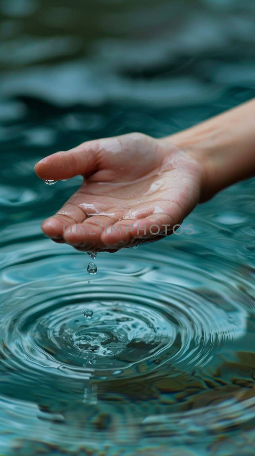 A person's hand is in the water and it has a drop of rain on its palm