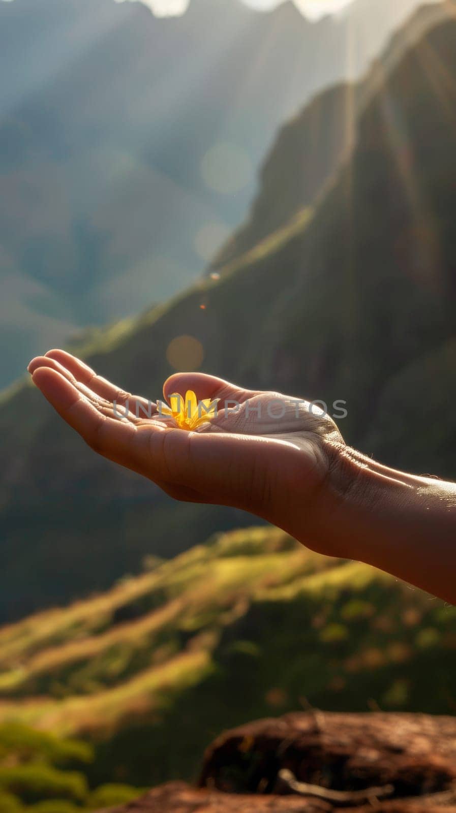 A person holding a small flower in their hand with mountains behind them