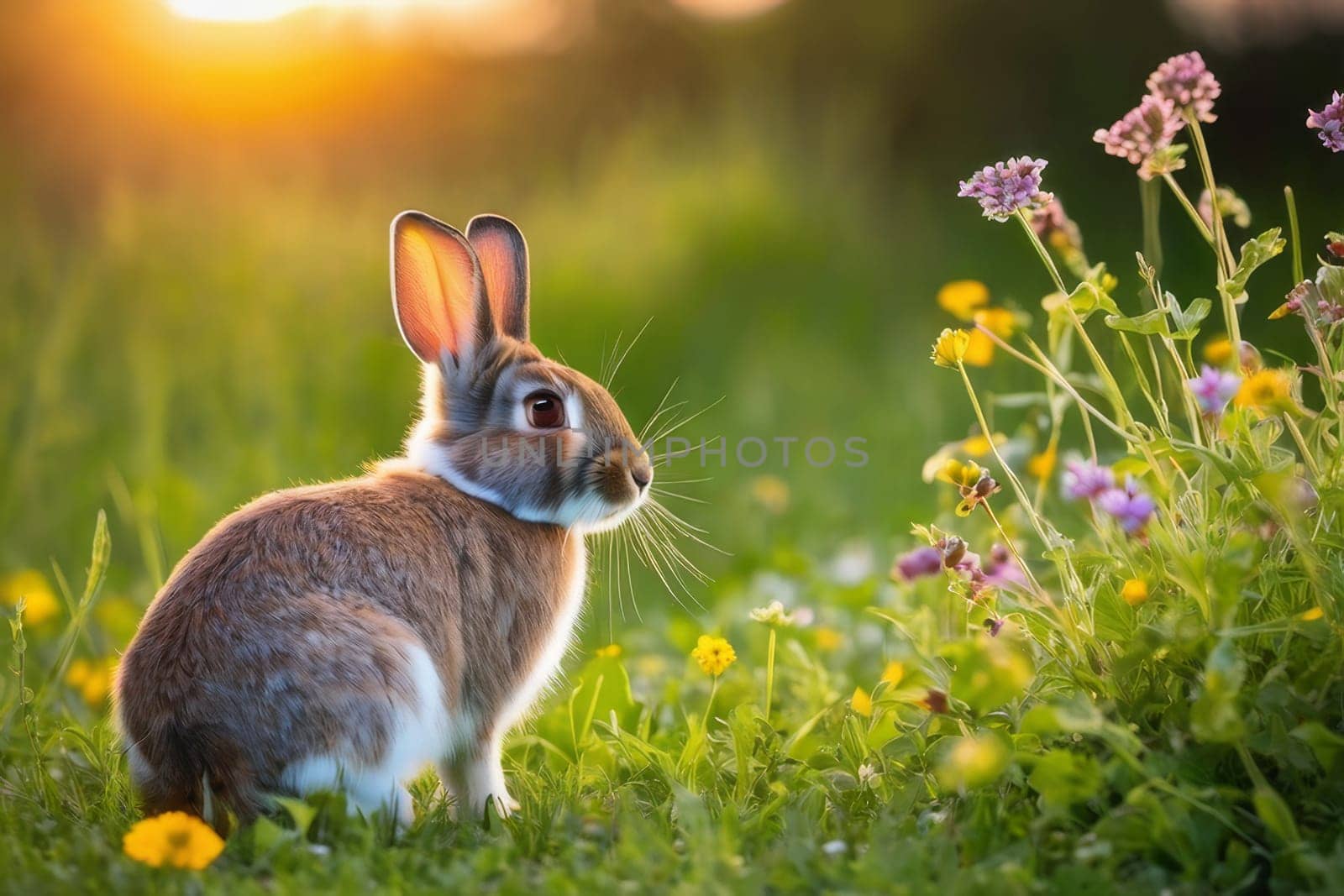 Rabbit on the lawn with flowers at sunset.