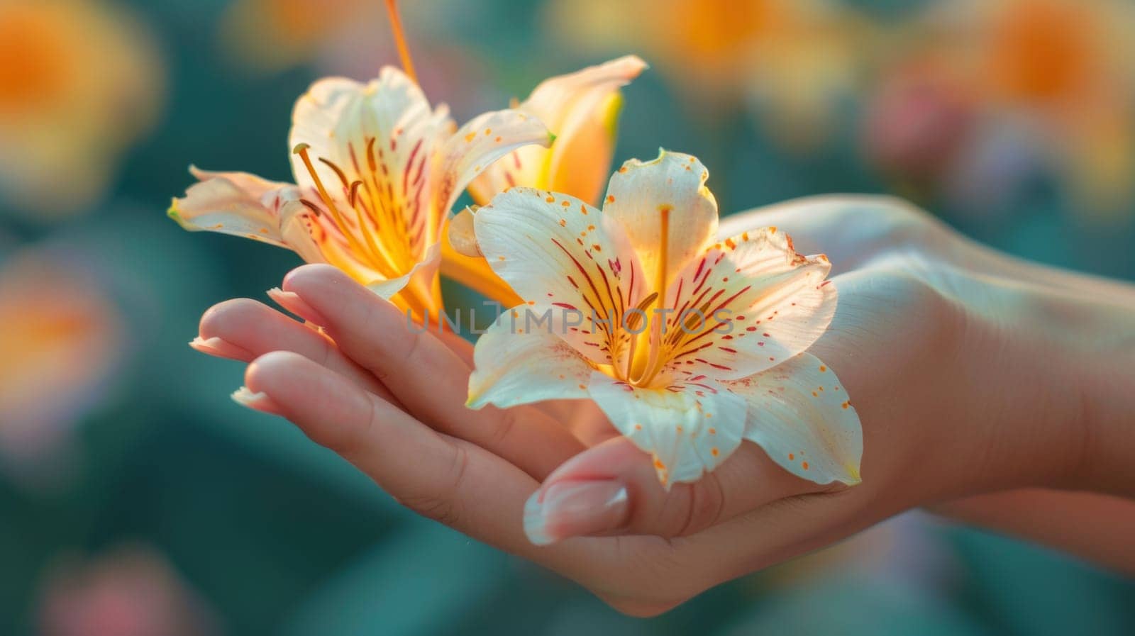 A person holding a flower in their hand with some blurry background