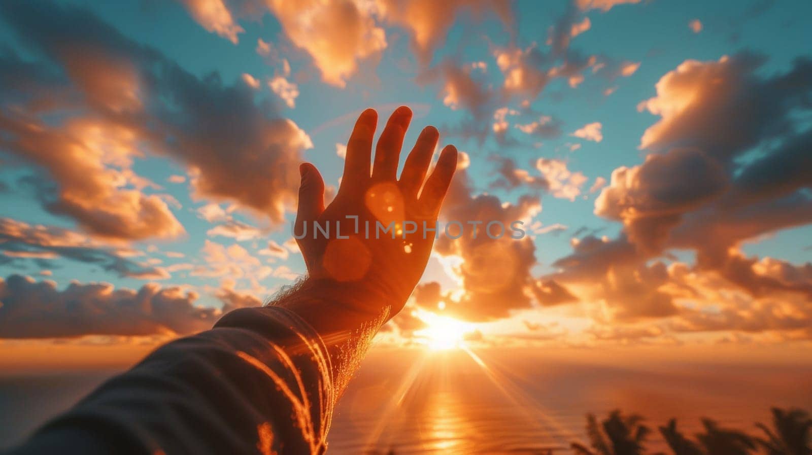 A person reaching out to the sun with their hand, AI by starush