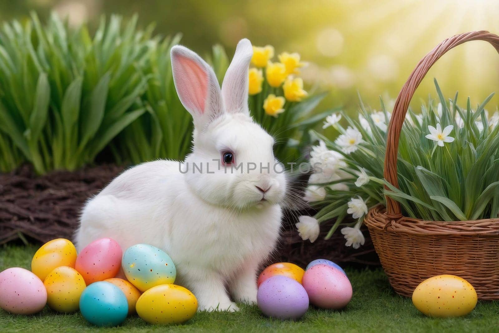 Little rabbit in a green spring lawn with decorated eggs - Easter card.