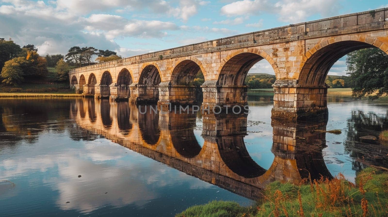 A stone bridge over a body of water with clouds in the sky