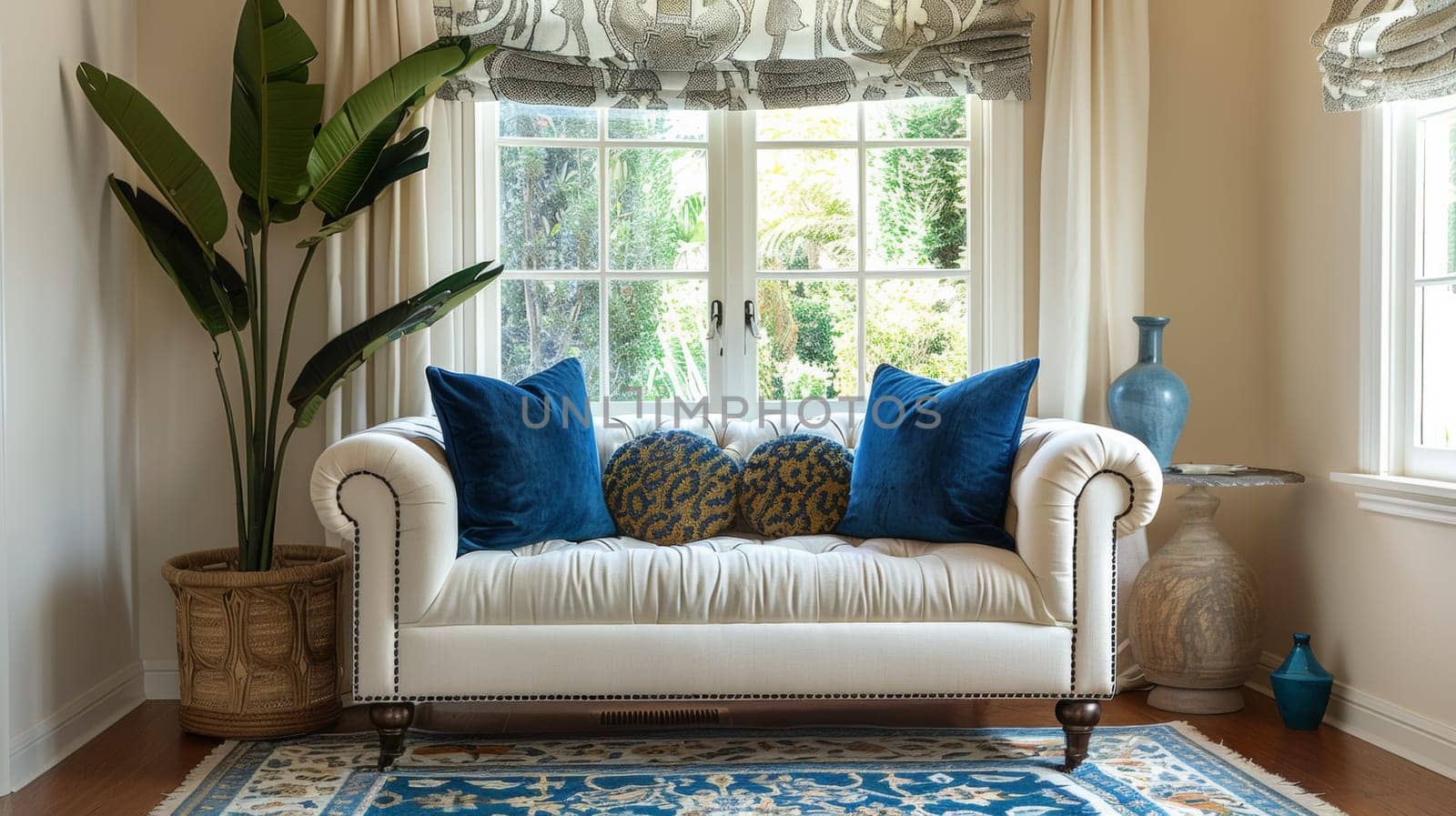 A white couch with blue pillows in a room next to the window