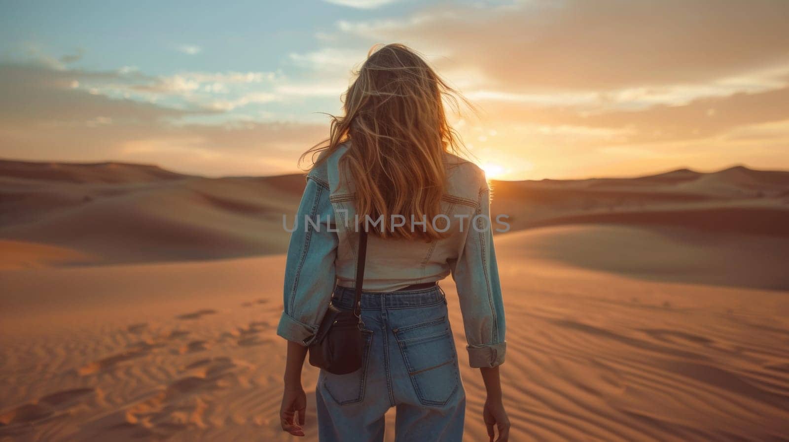 A woman standing in the desert with her back to camera, AI by starush