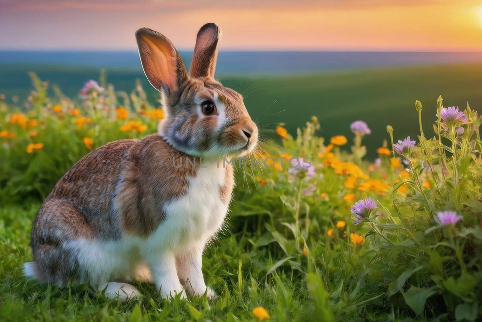 Rabbit on the lawn with flowers at sunset.