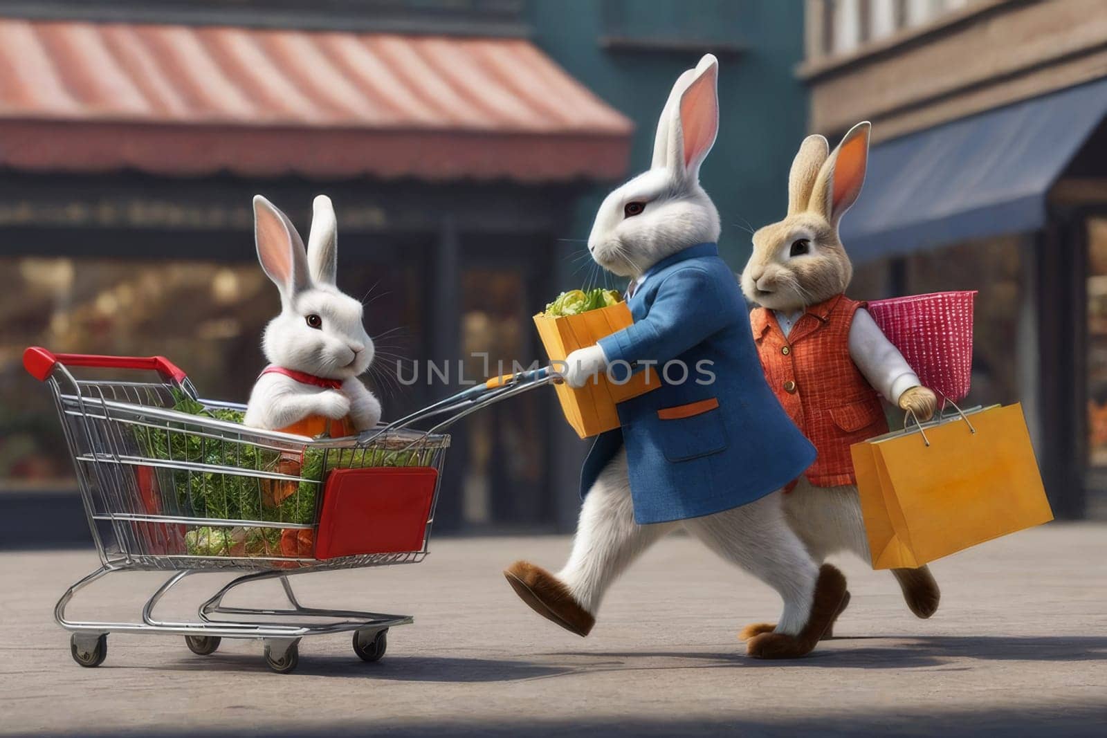 A family of rabbits in a store with carts makes purchases.