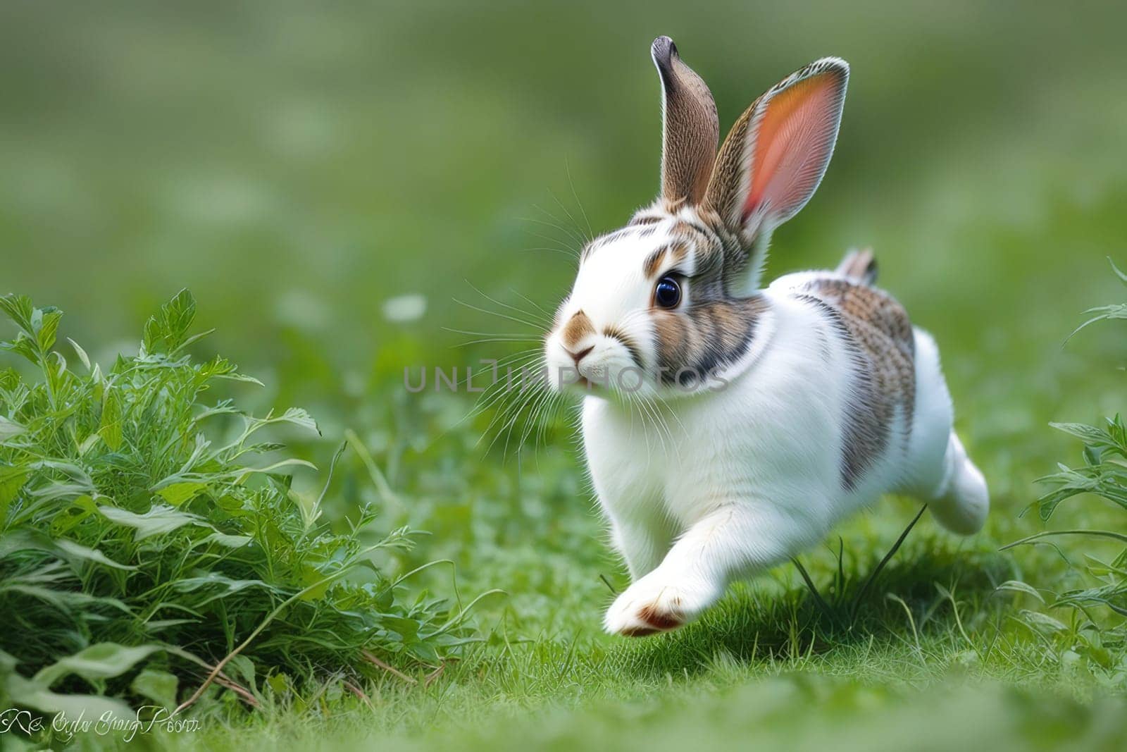 A white hare runs across a field with green grass.