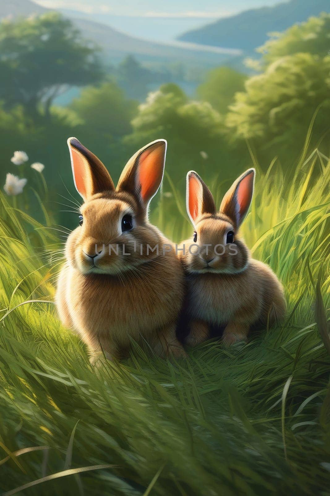 Rabbits. Mother rabbit and baby rabbit on a green meadow. Spring flowers and green grass