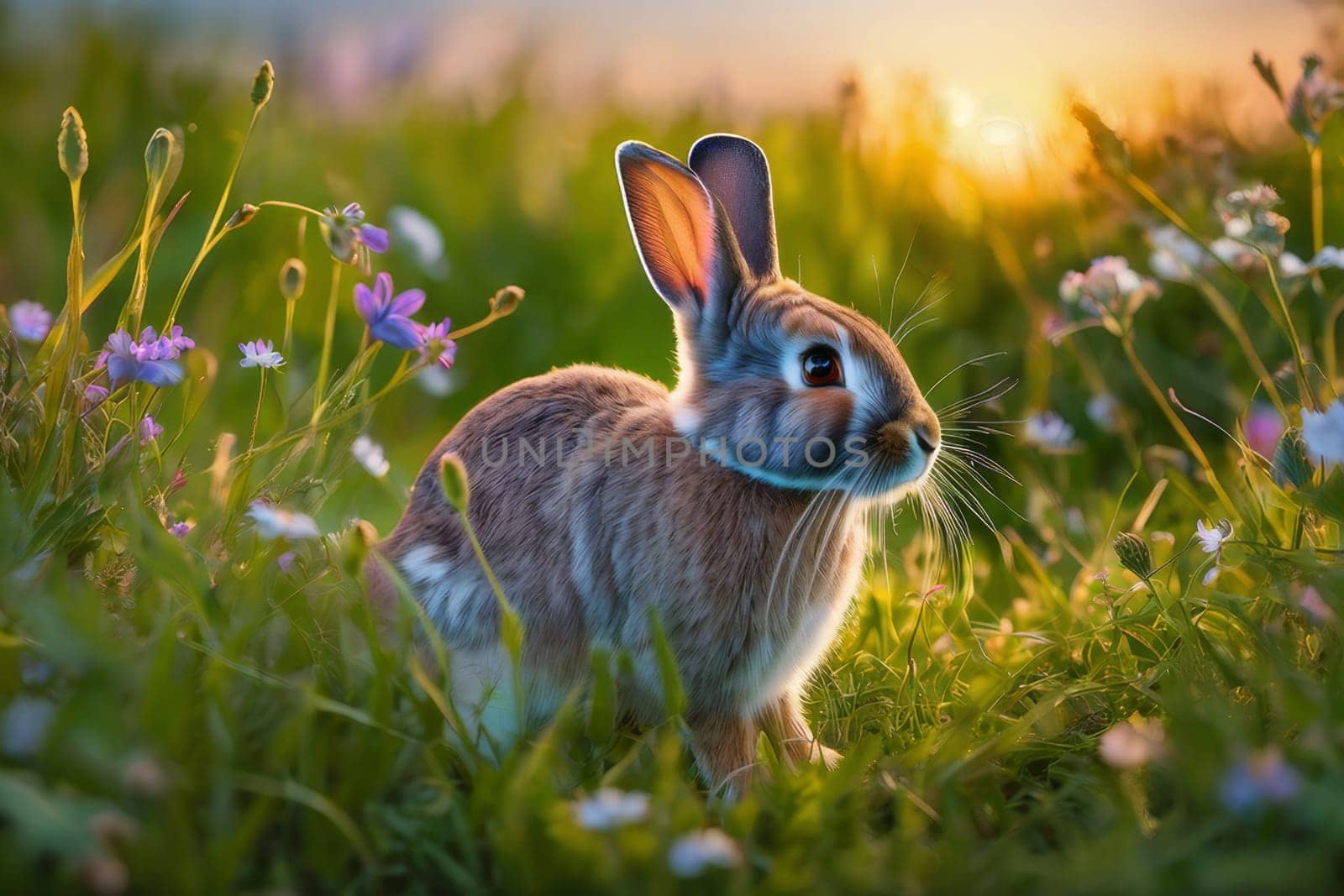 Rabbit on the lawn with flowers at sunset.