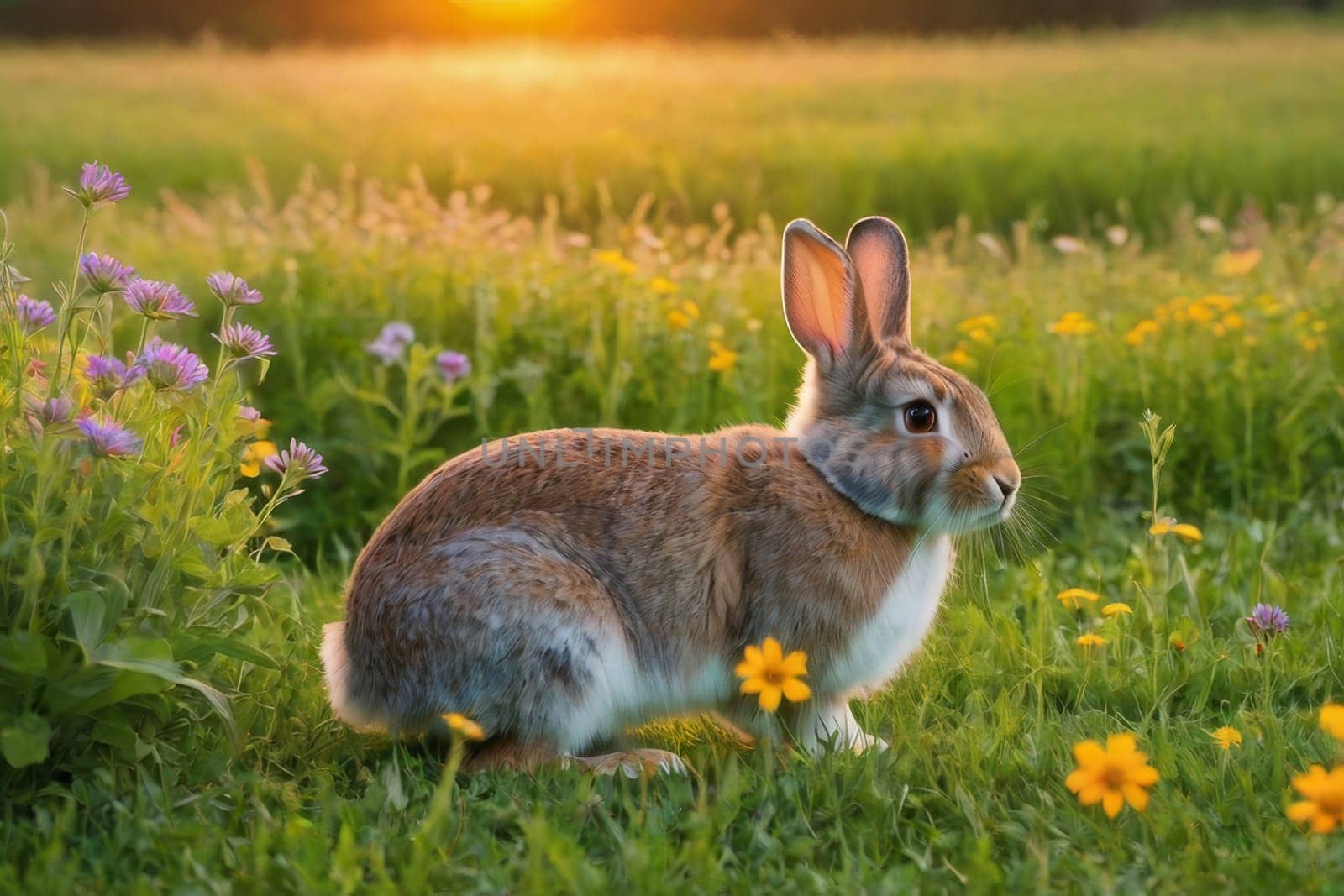 Rabbit on the lawn with flowers at sunset. by Ekaterina34