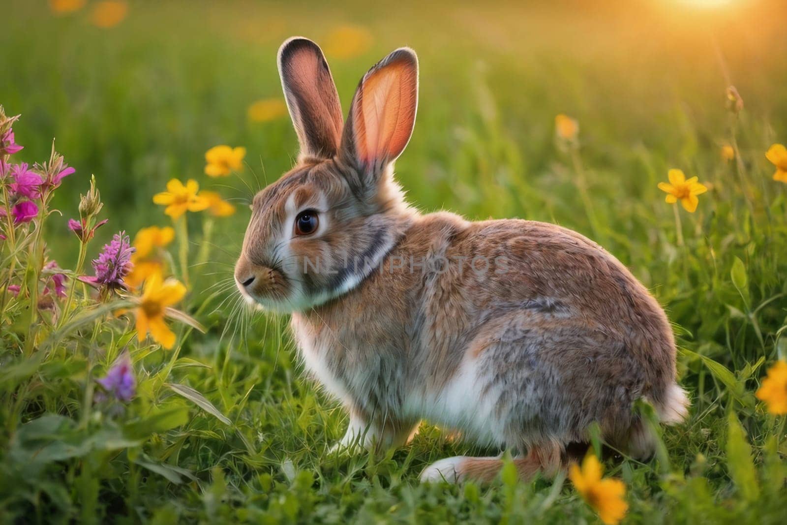 Rabbit on the lawn with flowers at sunset