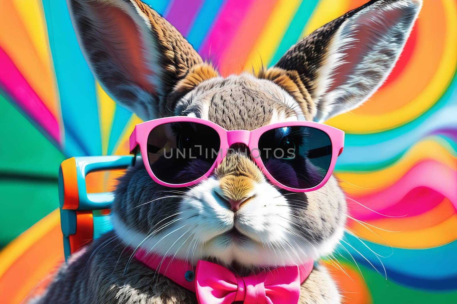 Close-up of a fashionable gray rabbit wearing glasses on a neon color background. by Ekaterina34