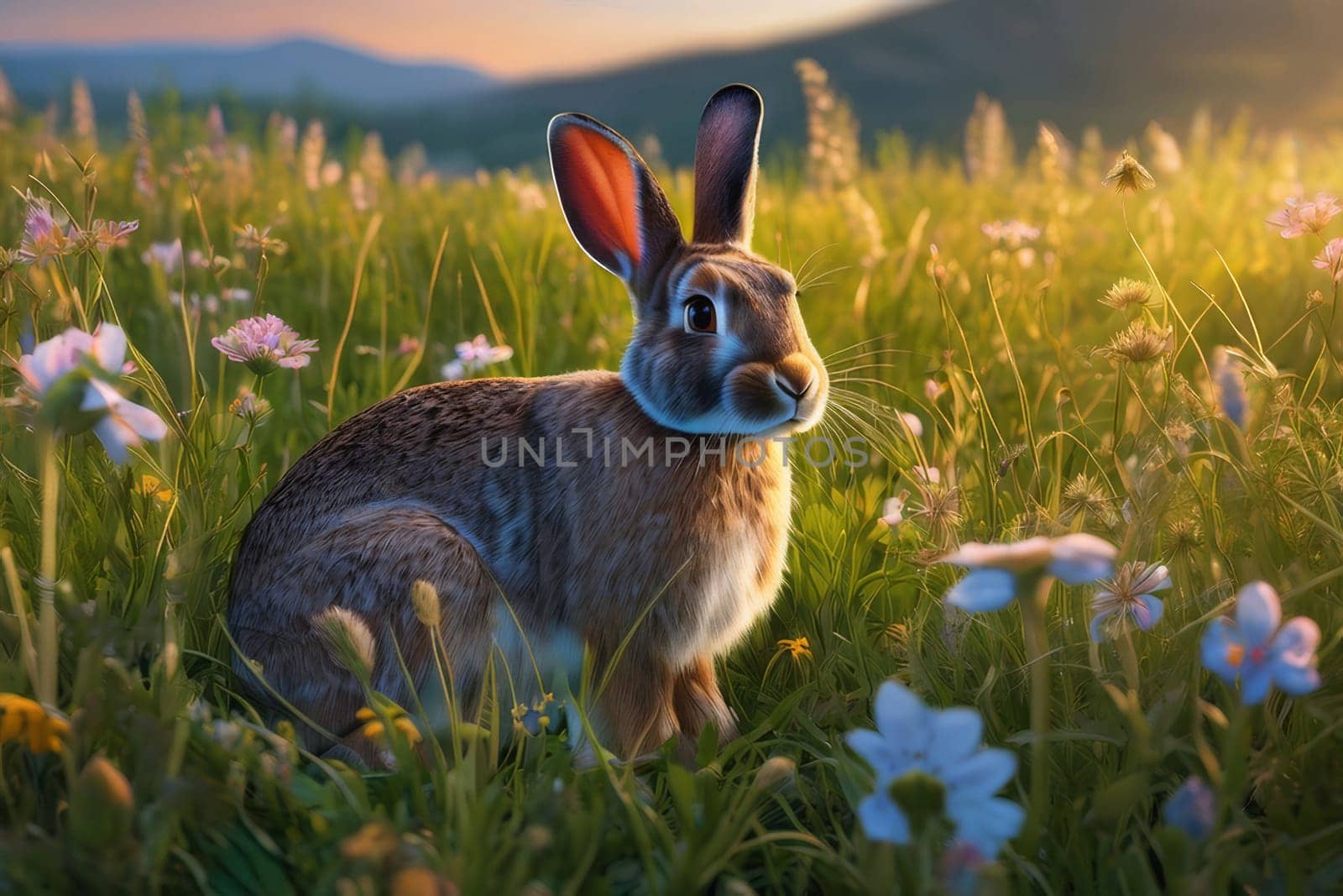 Rabbit on the lawn with flowers at sunset by Ekaterina34