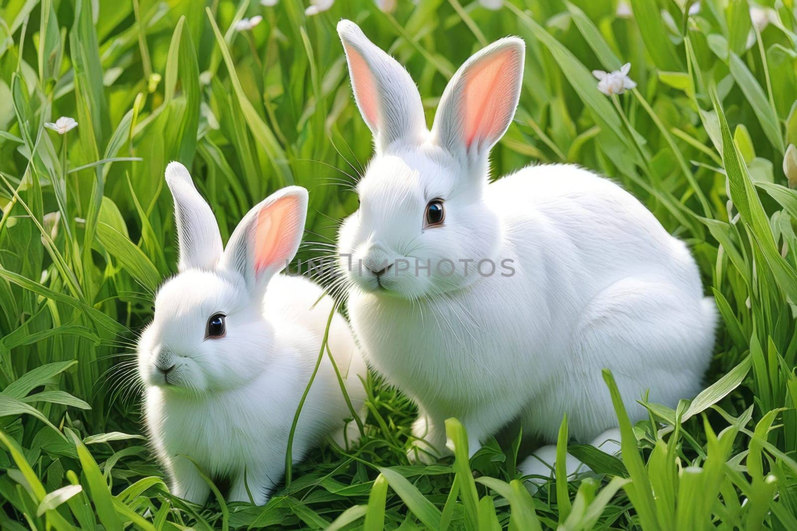 Rabbits. Mother rabbit and baby rabbit on a green meadow. Spring flowers and green grass. by Ekaterina34