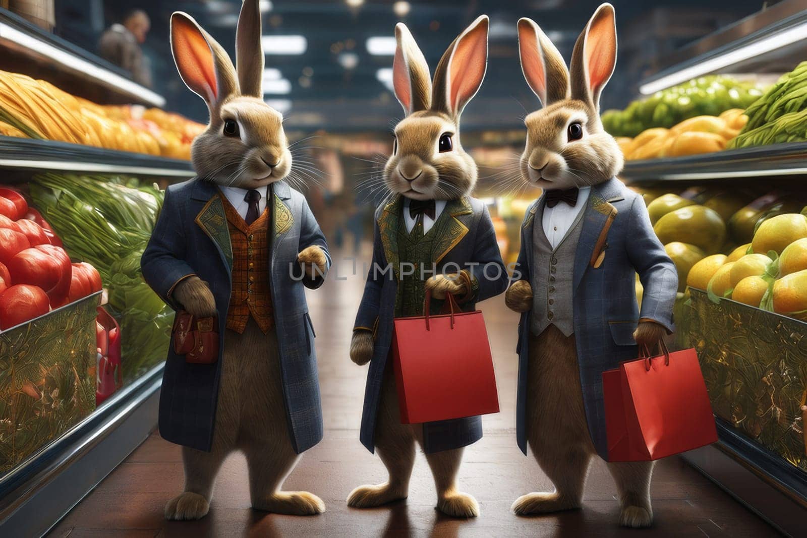 A family of rabbits in a store with carts makes purchases.