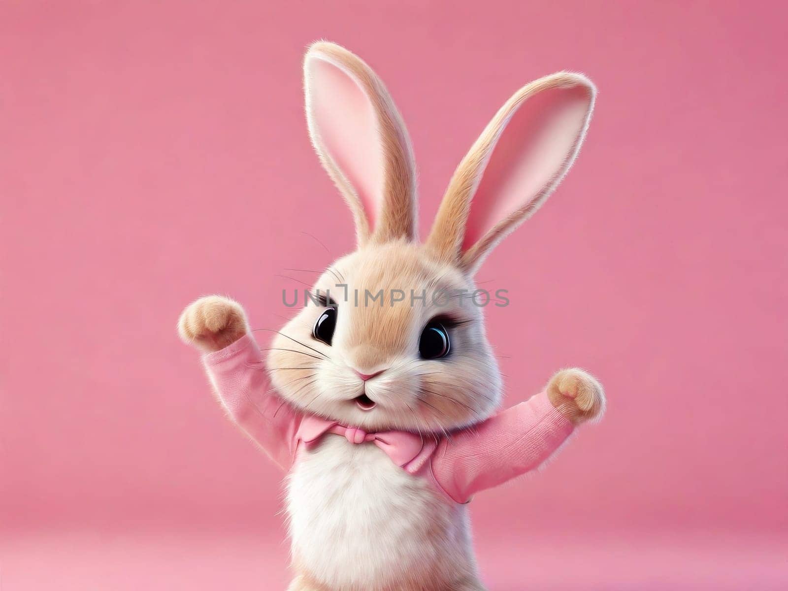 White rabbit jumps and dances on a pink background. Cute bunny. Happy Easter day, cartoon character design. by Ekaterina34