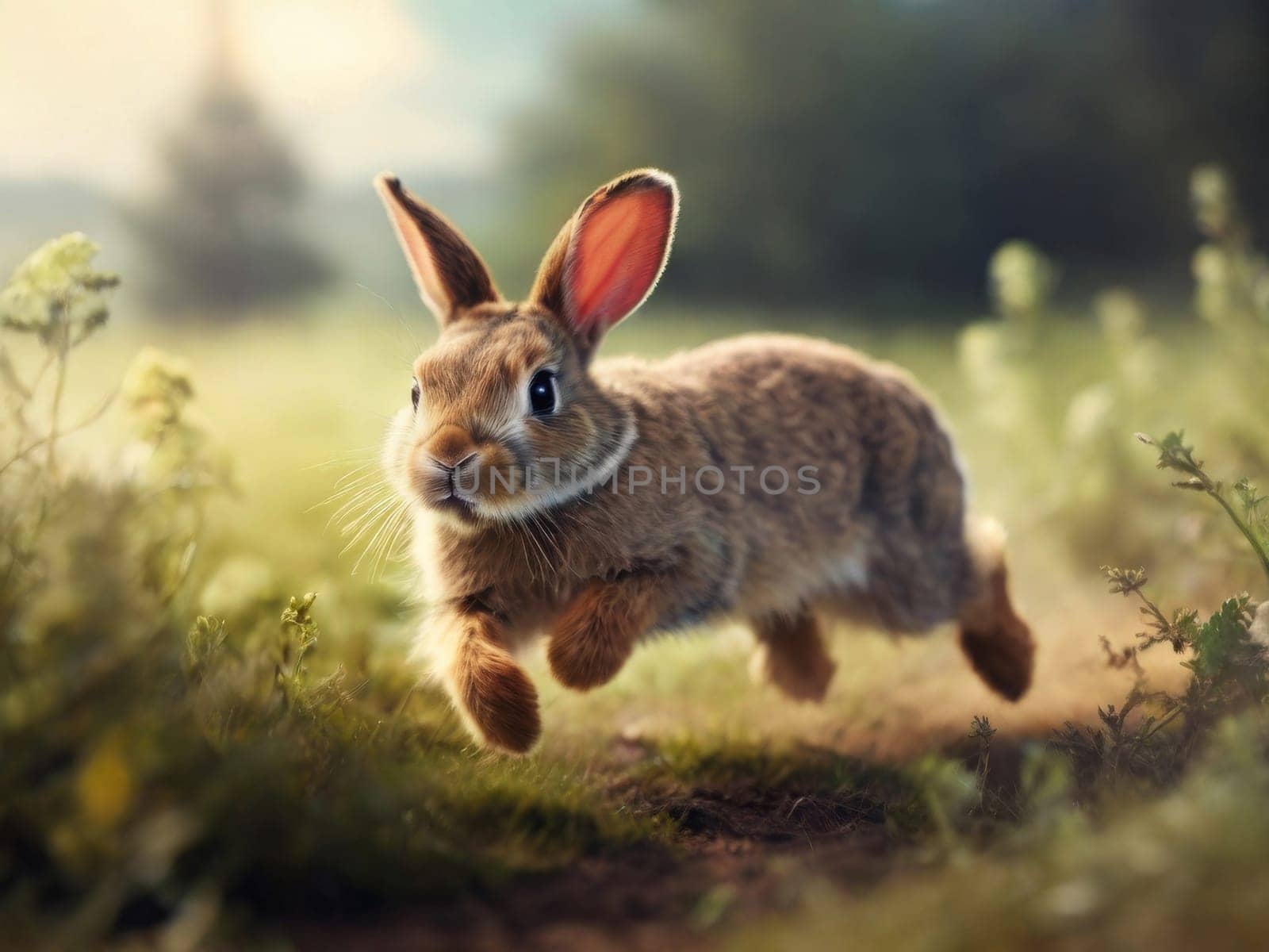 The brown hare is running. Wild brown hare in the field. The brown hare escapes from danger