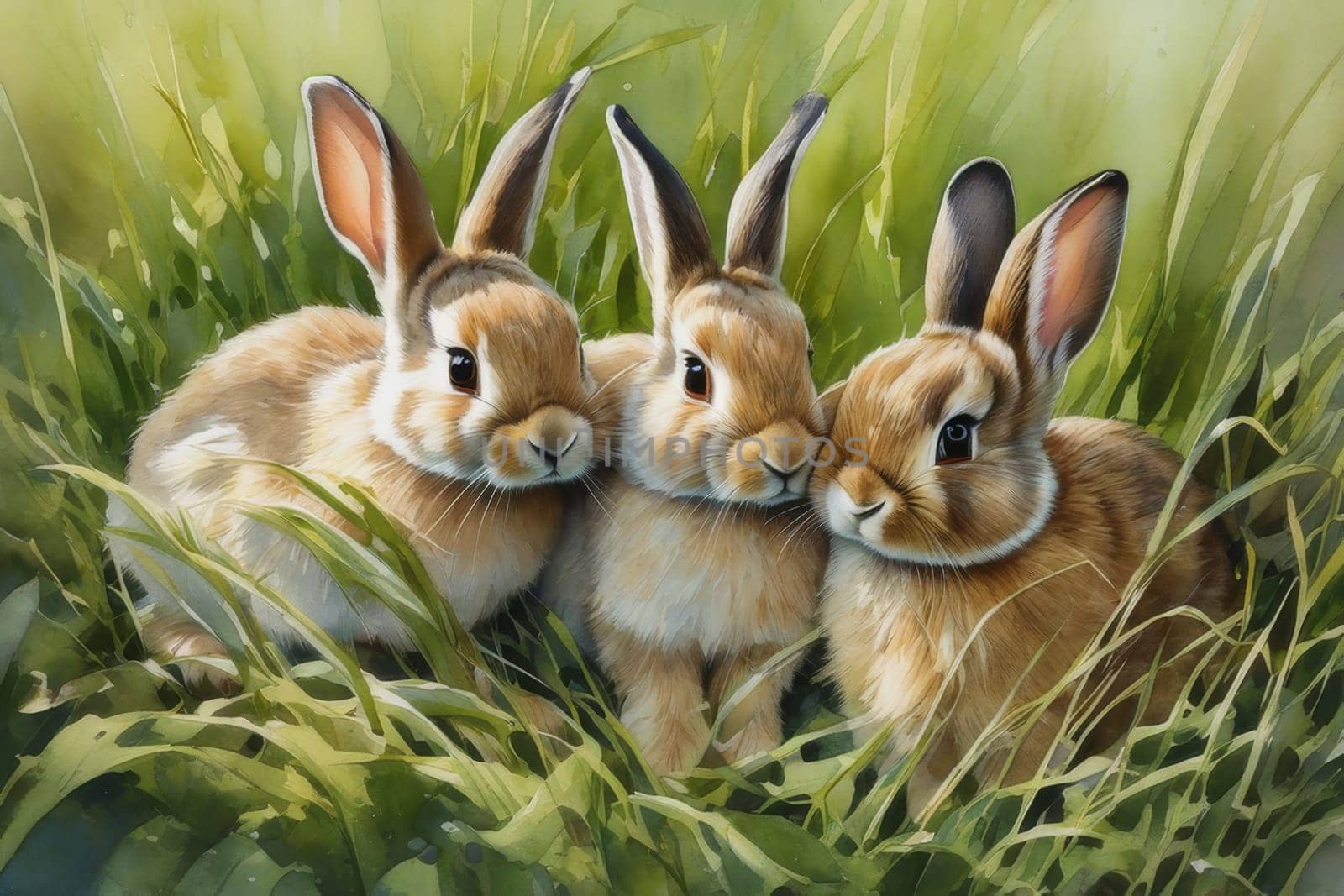 Rabbits. A family of rabbits on a green meadow. Spring flowers and green grass