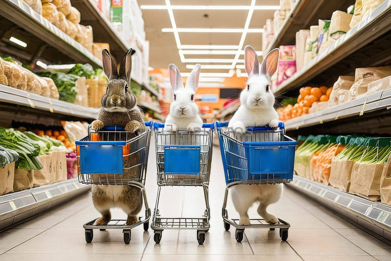 A family of rabbits in a store with carts makes purchases
