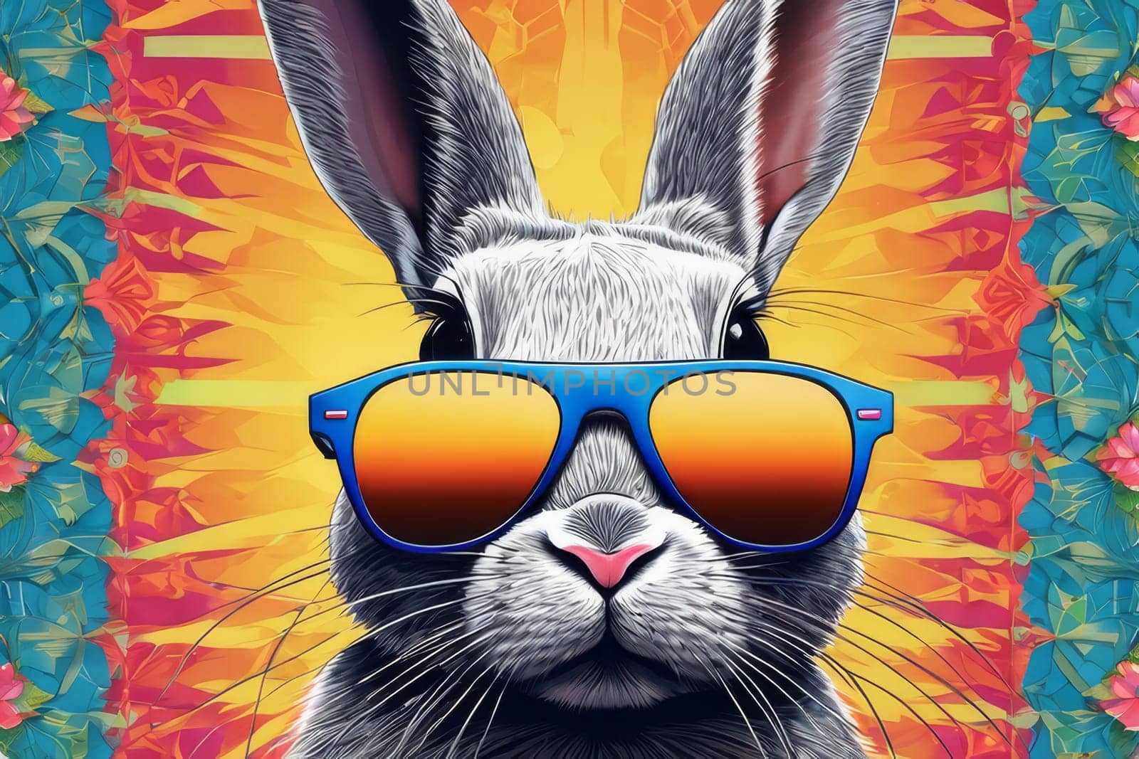 Close-up of a fashionable gray rabbit wearing glasses on a neon color background. by Ekaterina34