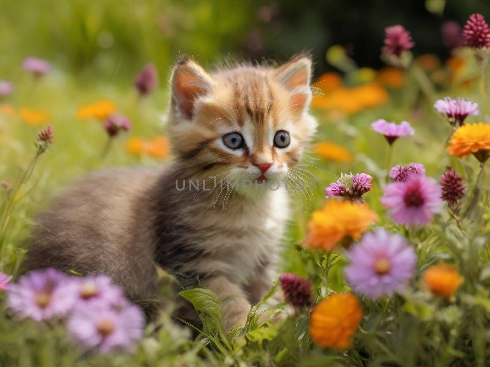 Little kitten resting in a meadow with flowers by Ekaterina34