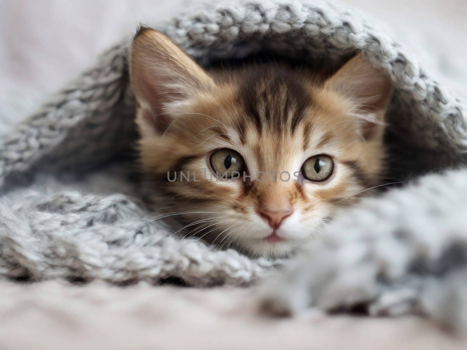 Cute gray kitten in a knitted blanket and scarf by Ekaterina34