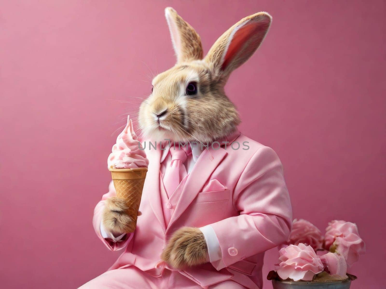 Glamorous bunny in a pink suit with ice cream. Summer card with bunny