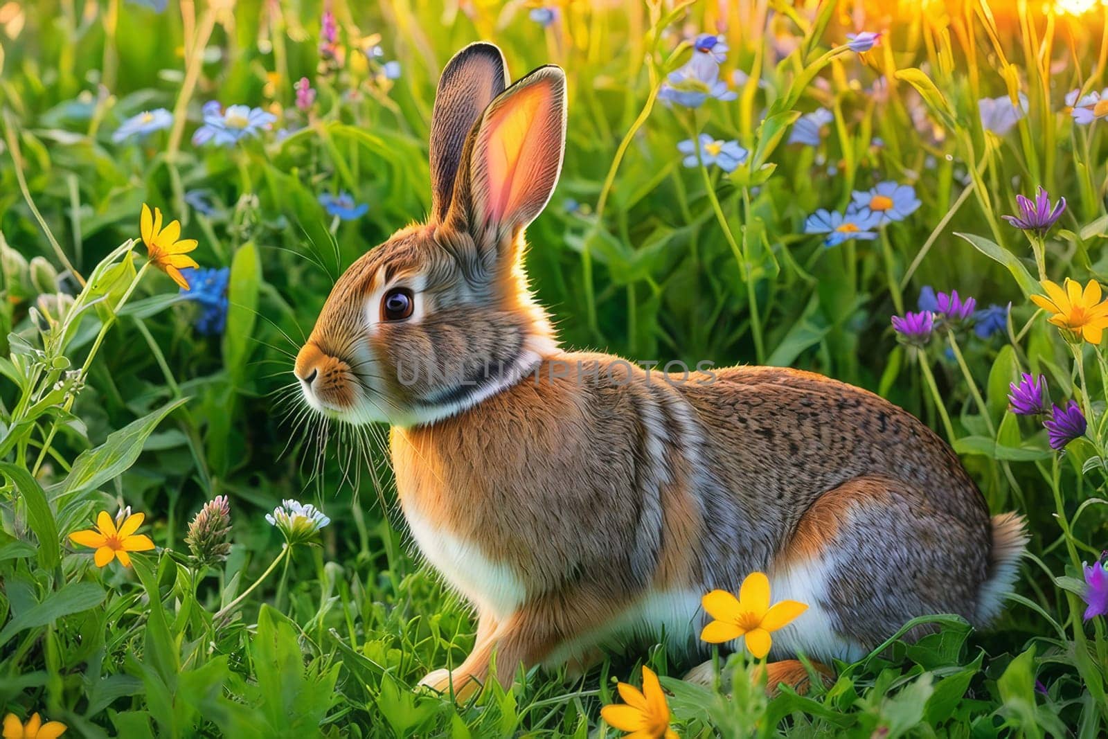 Rabbit on the lawn with flowers at sunset.