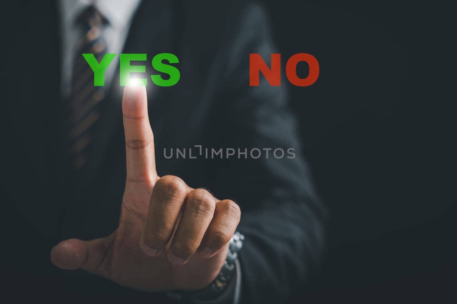 Businessman hand presses the Yes button, symbolizing decision-making and confirming a choice. Concept of decisive action and modern technology. Think With Yes Or No Choice. by Sorapop